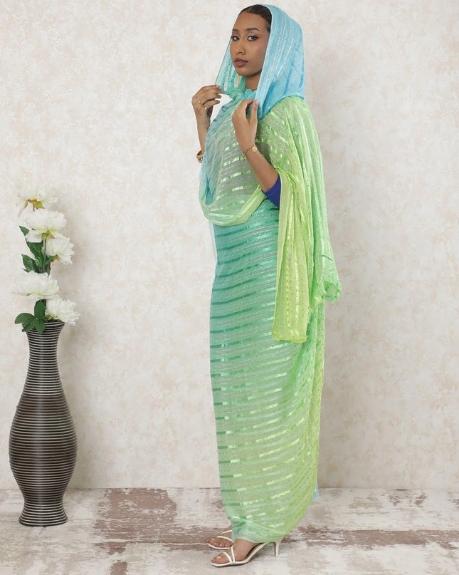 Multicolor Premium synthetic chiffon thobe with gold metallic foil print in stripe design-D14391 Regal Fabrics
