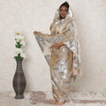 Pale brown Premium Pure French (Fransawi) silk chiffon thobe with same tone viscose and silver metallic lurex in floral design-D14371