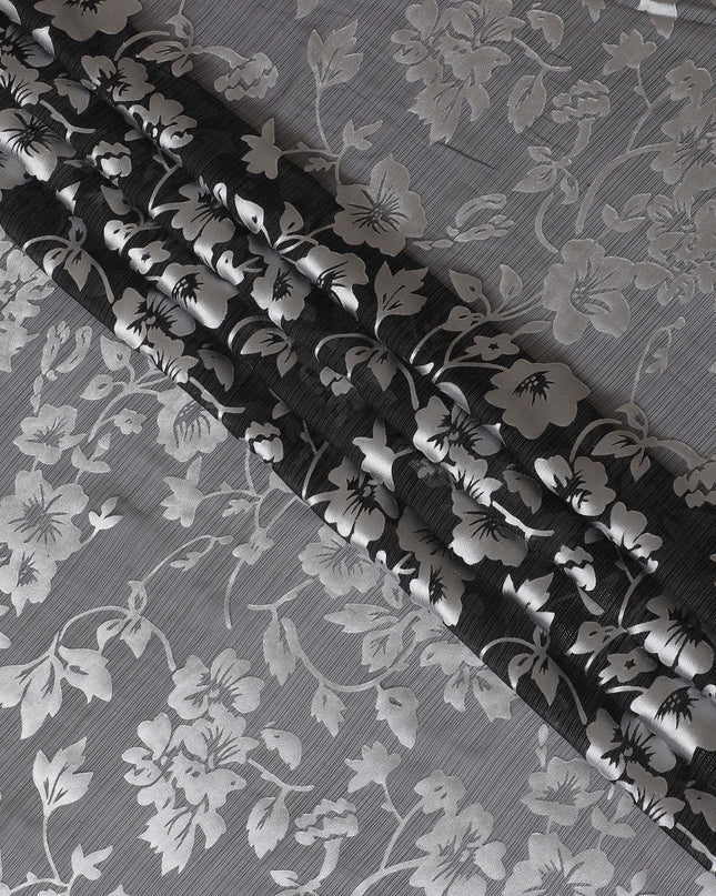 قماش شيفون من الحرير الخالص Premim باللون الأسود مع جاكار فضي بتصميم زهور -D15319