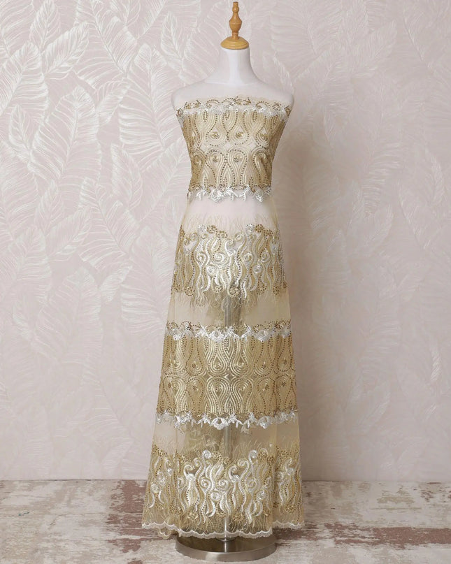 Gold nylon tulle fabric with same tone, silver embroidery having stone work in fancy design-D14707 Regal Fabrics