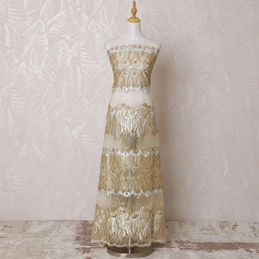 Gold nylon tulle fabric with same tone, silver embroidery having stone work in fancy design-D14707