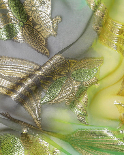 قماش شيفون حريري فرنسي (فرنساوي) فاخر متعدد الألوان مع لوركس معدني ذهبي بتصميم زهور-D14019