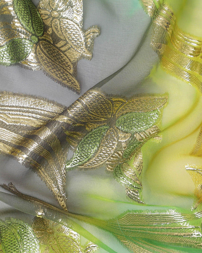 قماش شيفون حريري فرنسي (فرنساوي) فاخر متعدد الألوان مع لوركس معدني ذهبي بتصميم زهور-D14019