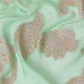 Pastel green Premium pure French (Fransawi) silk chiffon fabric with baby pink viscose and gold metallic lurex in paisley design-D12714