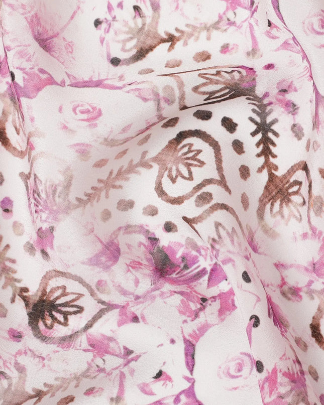 Off white synthetic crepe fabric with magenta purple, brown and black print in floral design-D11035 Regal Fabrics