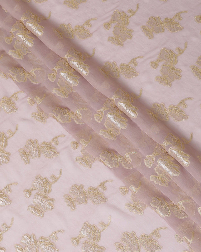 Light lavender premium pure silk chiffon fabric with same tone viscose and gold metallic lurex in floral design-D13132