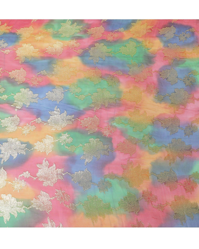 قماش شيفون حريري فرنسي (فرنساوي) فاخر متعدد الألوان مع لوركس معدني ذهبي بتصميم زهور-D14005