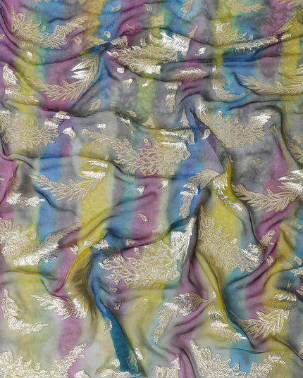 Multicolor premium pure silk chiffon fabric with gold metallic lurex in floral design-D14240