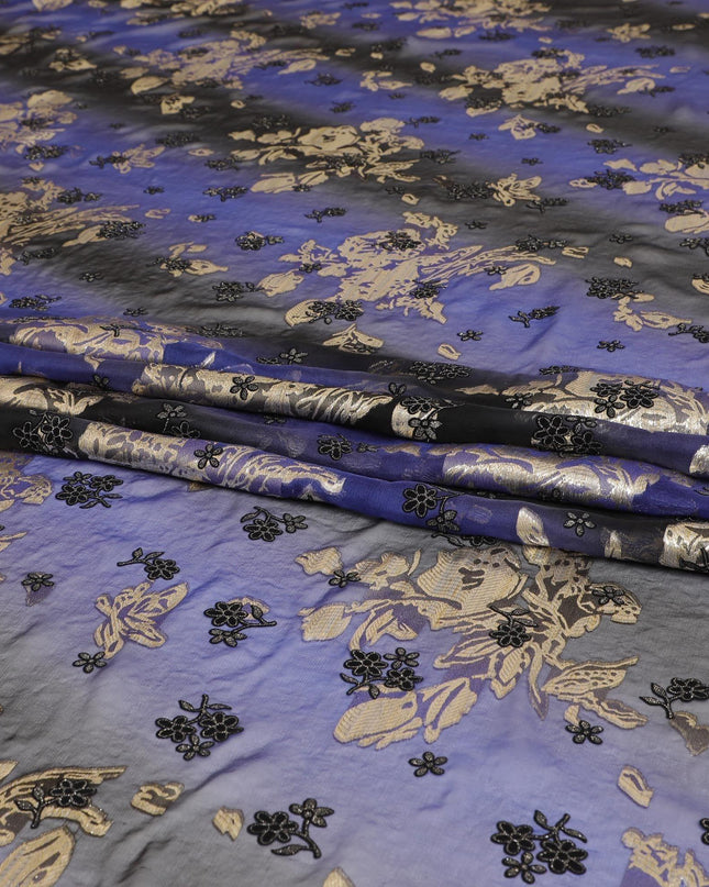 قماش شيفون من الحرير الخالص باللون الأزرق الملكي والأسود مع لوريكس معدني ذهبي به قطيع أسود وبريق بتصميم الأزهار-D8234