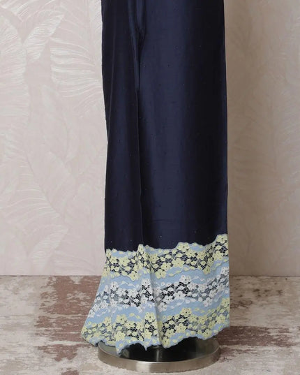 Dark navy blue blended cotton lawn fabric with baby blue, blonde yellow border guipure embroidery having stone work in fancy design-D14724 Regal Fabrics