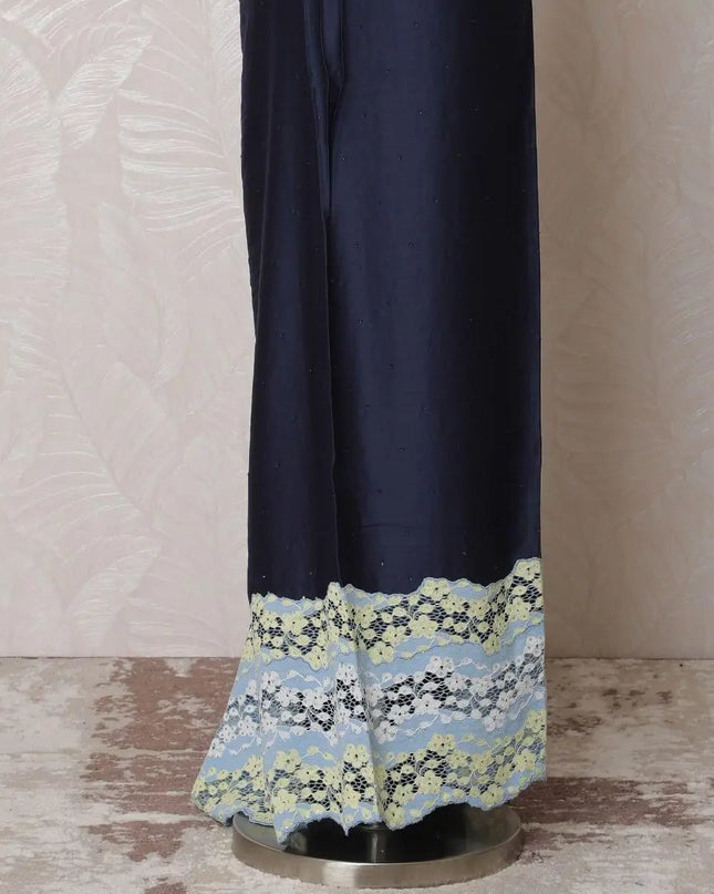 Dark navy blue blended cotton lawn fabric with baby blue, blonde yellow border guipure embroidery having stone work in fancy design-D14724 Regal Fabrics