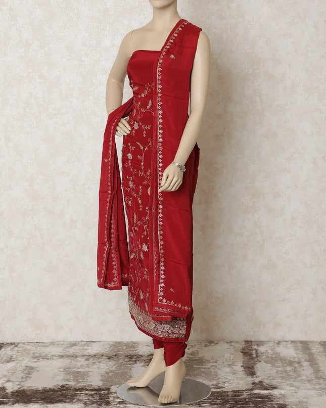 Crimson red silk crepe kameez with gold embroidery having sequin work in floral design. Crimson red plain salwar with silk dupatta having gold embroidery-D12676 Regal Fabrics