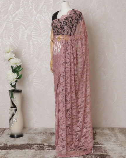 Salmon pink Premium pure French chantilly lace saree having stone work in floral deisgn-D14599 Regal Fabrics