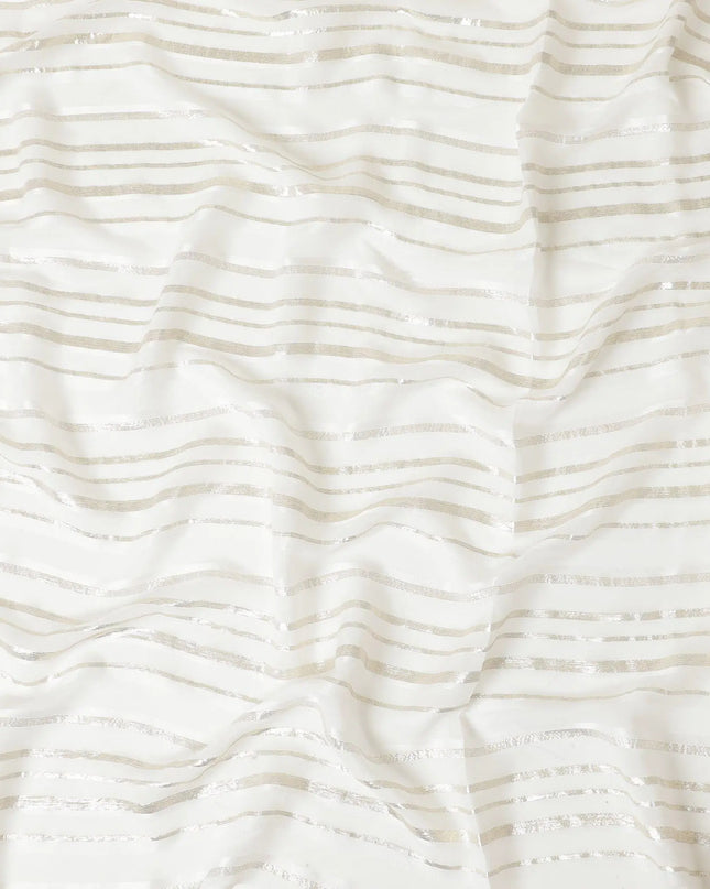 Off white Premium pure silk chiffon garbasaar with gold metallic lurex in stripe design-D11540 Regal Fabrics