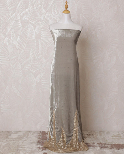 Cloud grey silk blended velvet fabric with gold embroidery, pearl work and stone work in fancy design-D14739