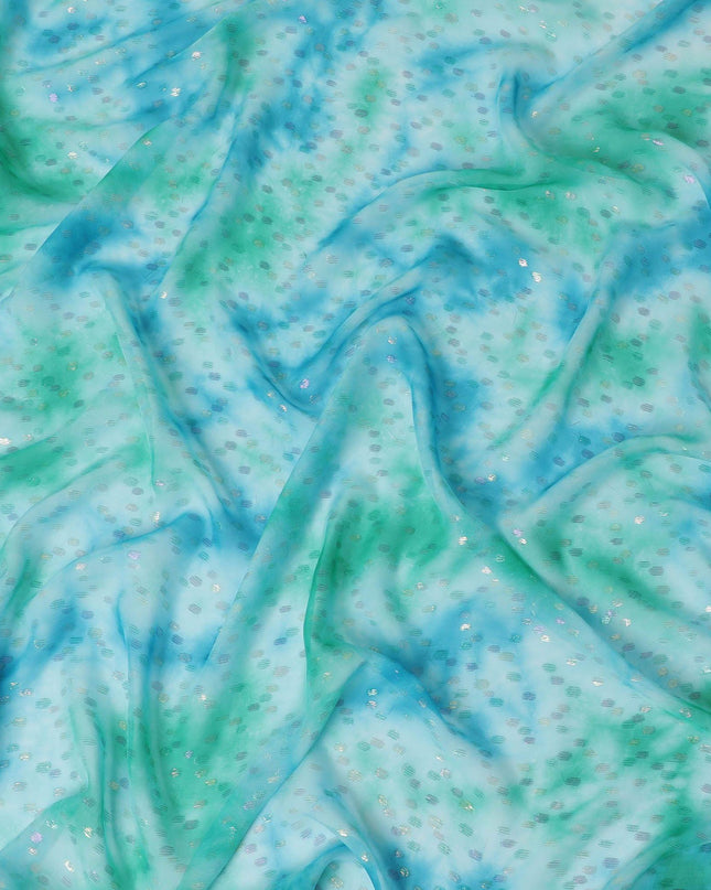 قماش شيفون من الحرير الخالص باللون الأزرق السماوي مع لوركس معدني متعدد الألوان بتصميم منقط -D10419