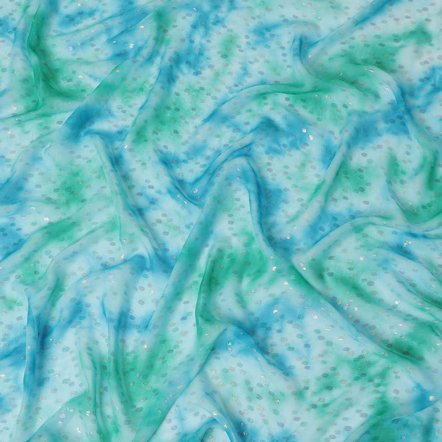 Sky blue premium pure silk chiffon fabric with multicolor metallic lurex in dot design-D10419