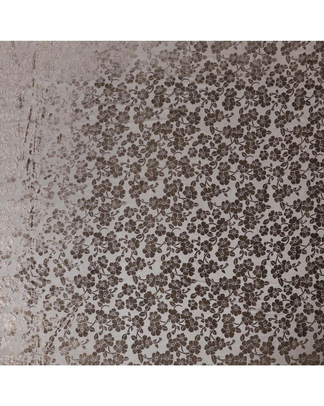 Black silk chiffon dirac (makmal) fabric with brown, gold velvet jacquard in floral design-D8649