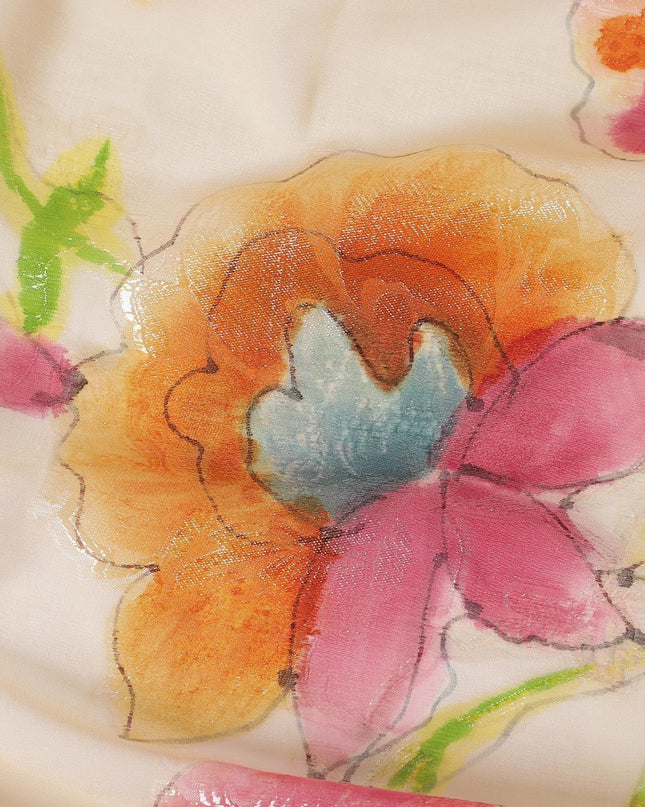 Beige hand printed Premium pure silk chiffon with gold metallic lurex and multicolor prints in floral design-D11389