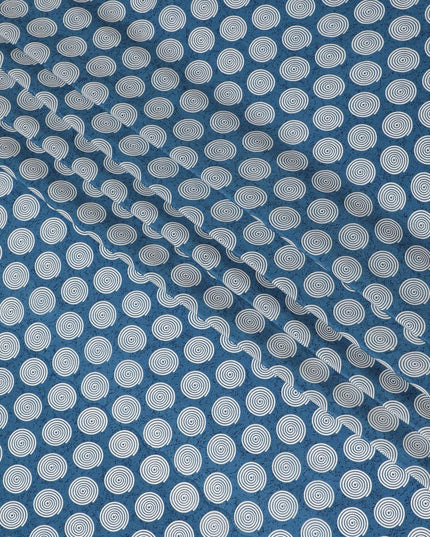 Olympic blue premium pure silk crepe fabric with white print in abstract design-D12077 Regal Fabrics