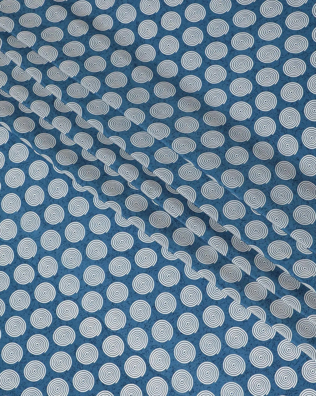 Olympic blue premium pure silk crepe fabric with white print in abstract design-D12077 Regal Fabrics