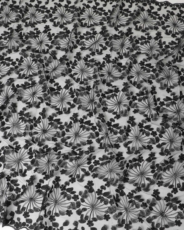 Black nylon tulle fabric with same tone metallic black embroidery in fancy design-D6035