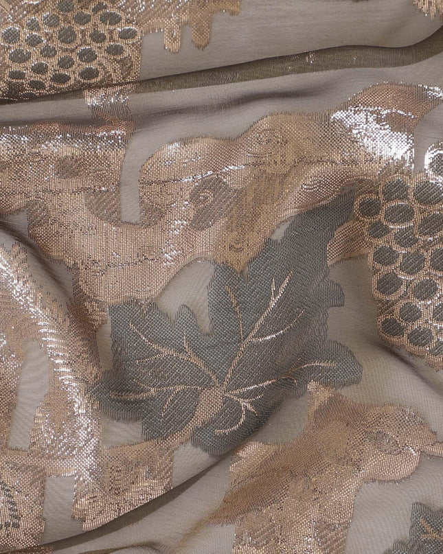 قماش شيفون حريري فرنسي (فرنساوي) فاخر باللون البني الزيتوني مع الفيسكوز الرمادي والوركس المعدني البني بتصميم الأزهار-D14278