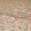 Latte beige viscose fabric with olive green and baby pink print having gold laminated stone work in floral design-D9267