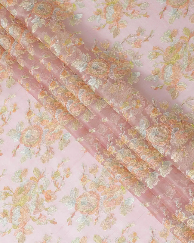 Rose pink silk organza fabric with multicolor embroidery in floral design-D13152 Regal Fabrics