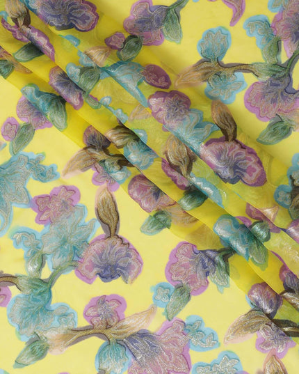 قماش شيفون من الحرير الخالص باللون الأصفر الليموني مع طباعة يدوية متعددة الألوان ولوريكس معدني بتصميم زهور-D10428
