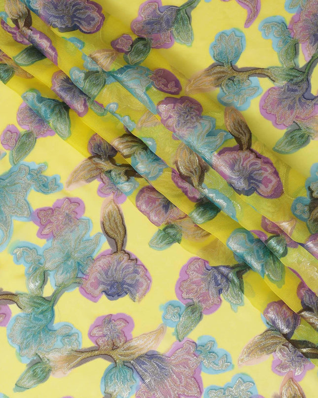 قماش شيفون من الحرير الخالص باللون الأصفر الليموني مع طباعة يدوية متعددة الألوان ولوريكس معدني بتصميم زهور-D10428
