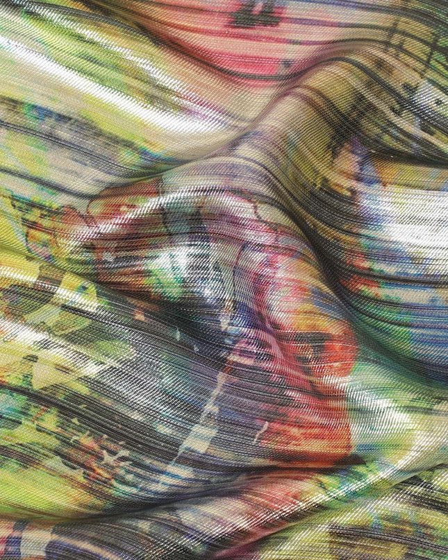 Multicolor synthetic chiffon fabric with multcolor print and metallic lurex in abstract design-D8514 Regal Fabrics