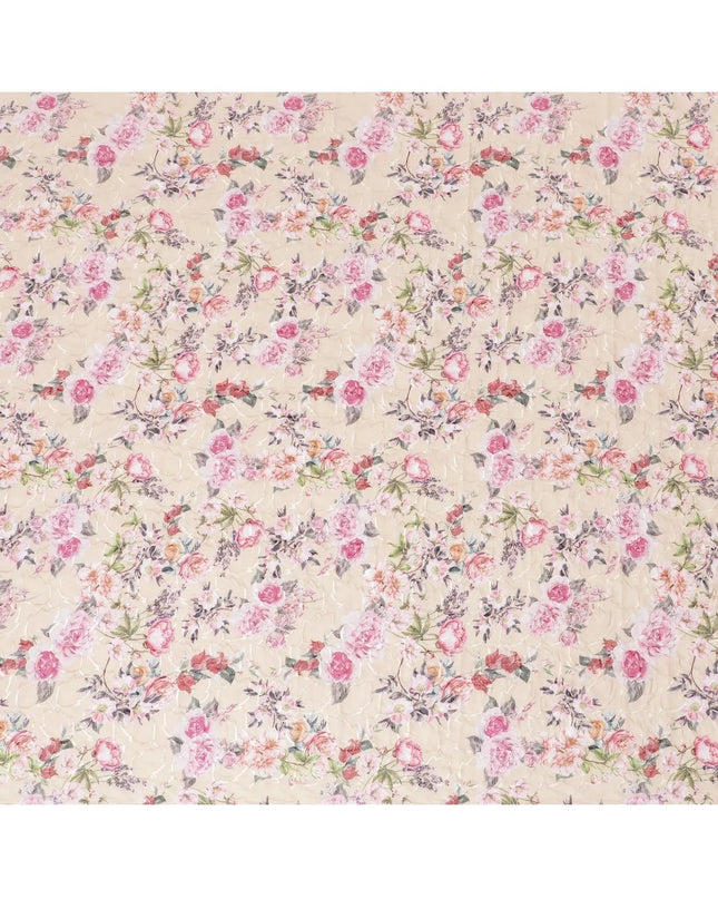 Moccasin yellow cotton lawn fabric with same tone embroidery having hot pink, off white, purple and olive green print in floral design-D7020 Regal Fabrics