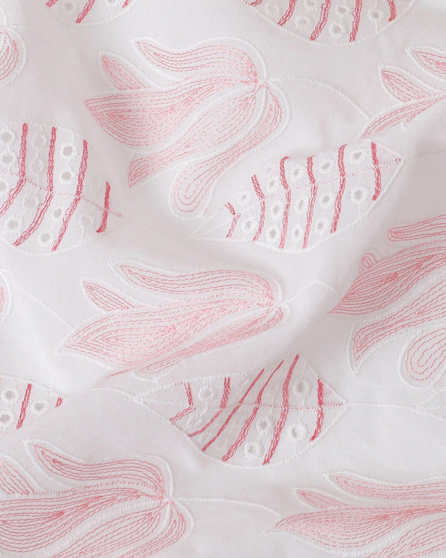 White cotton voile fabric with same tone, crimson red and baby pink embroidery in Leaf design-D9773