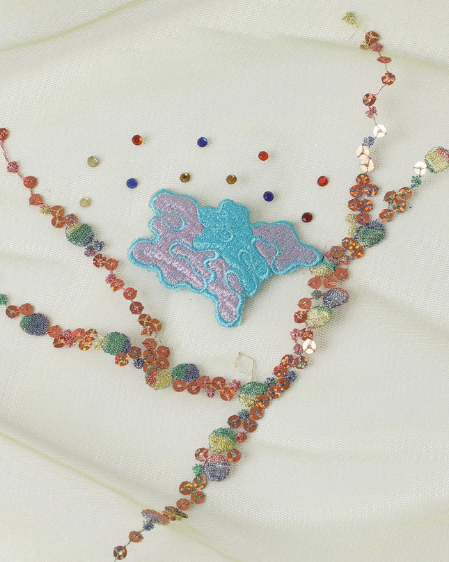 Lime green nylon tulle fabric with multi color embroidery and multi color sequins in abstract design