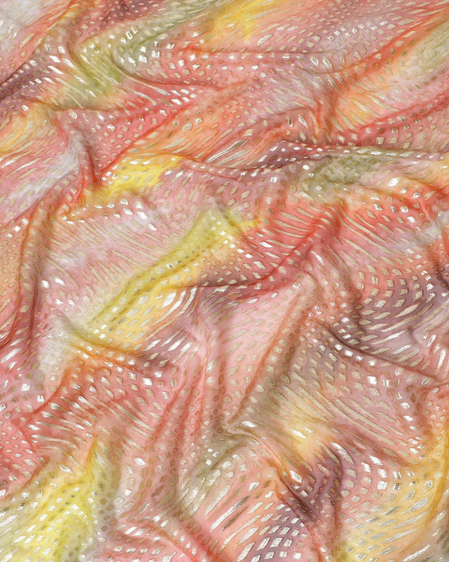 قماش شيفون حريري خالص مطبوع متعدد الألوان مع لوركس معدني ذهبي وفضي بتصميم تجريدي-D12428