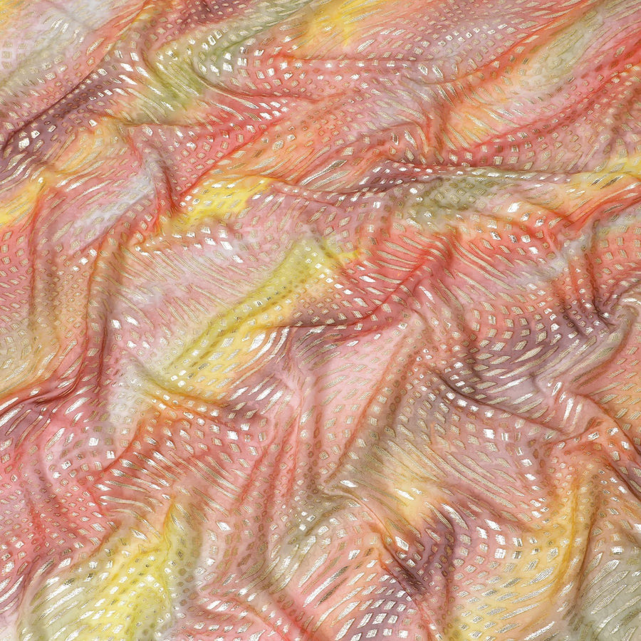 قماش شيفون حريري خالص مطبوع متعدد الألوان مع لوركس معدني ذهبي وفضي بتصميم تجريدي-D12428