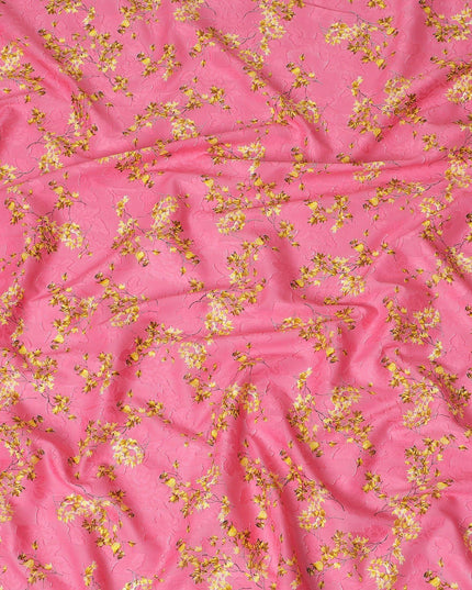 Hot pink uragiri cotton voile fabric with same tone jacquard having mustard yellow and black print in floral design-D14318