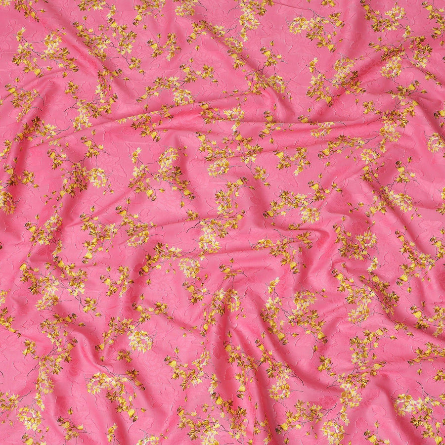Hot pink uragiri cotton voile fabric with same tone jacquard having mustard yellow and black print in floral design-D14318