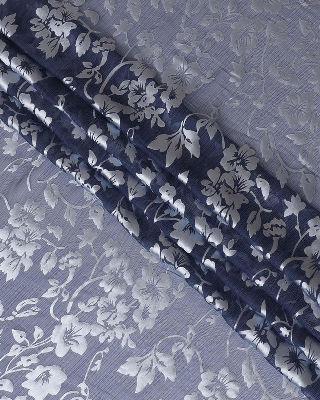 قماش شيفون من الحرير الخالص Premim باللون الأزرق الداكن مع جاكار فضي بتصميم زهور-D15321