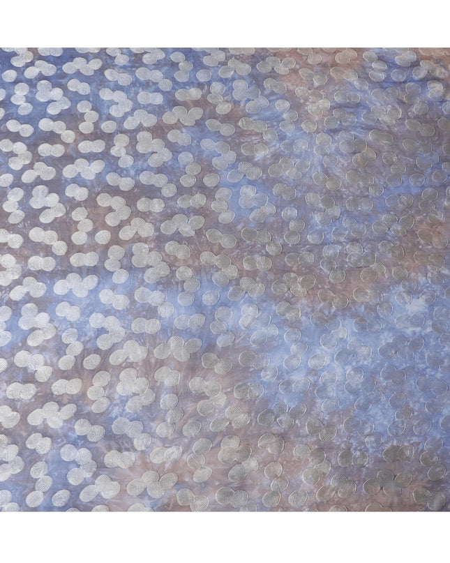 Blue premium pure silk chiffon fabric with multicolor print having silver viscose in dot design-D13115