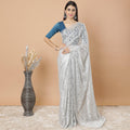 Pearl river grey, Silver Premium metallic French chantilly lace saree having stone work in floral design-D8763S
