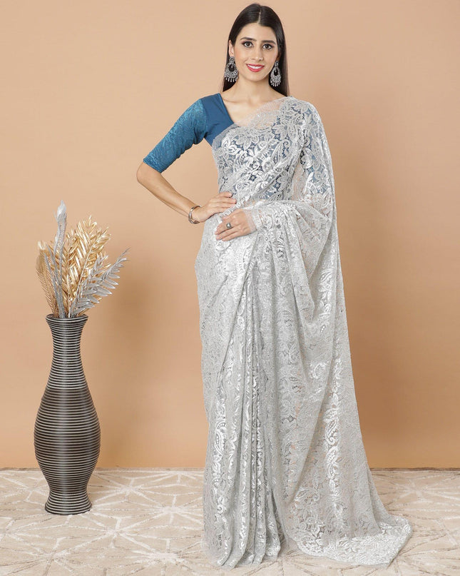 Pearl river grey, Silver Premium metallic French chantilly lace saree having stone work in floral design-D8763S