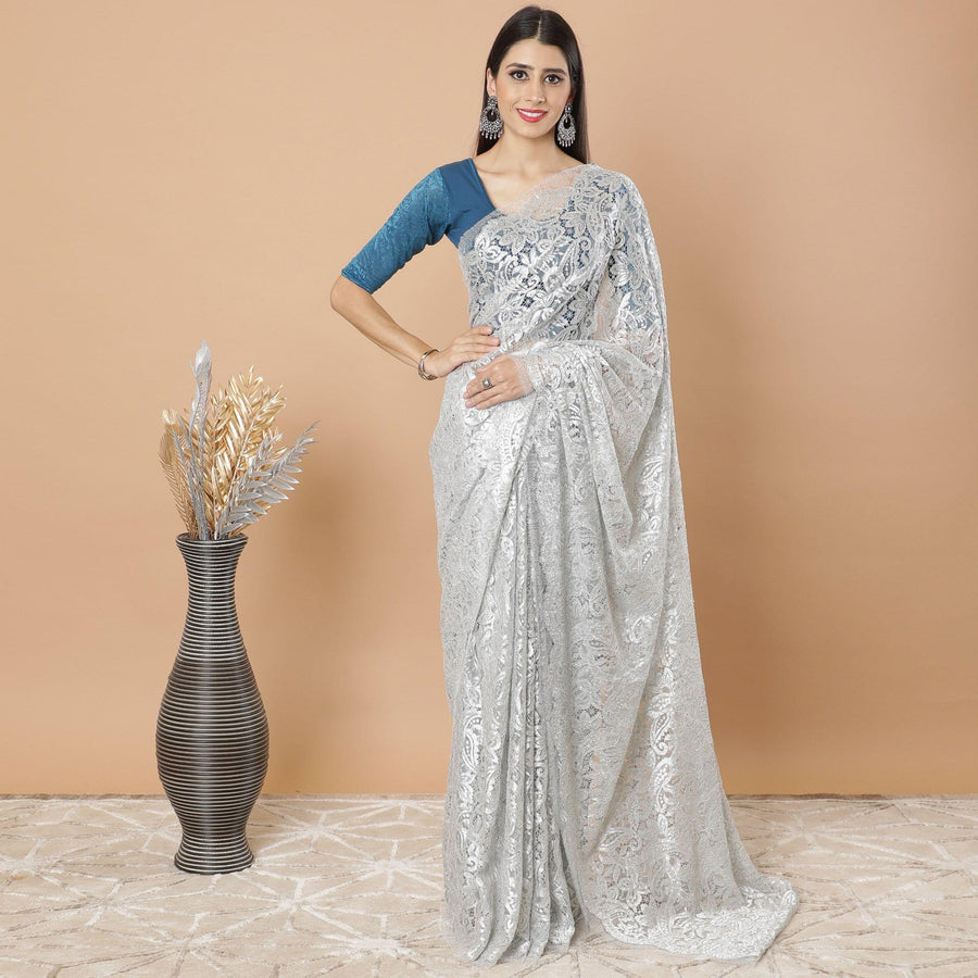 Pearl river grey, Silver Premium metallic French chantilly lace saree having stone work in floral design-D8763S