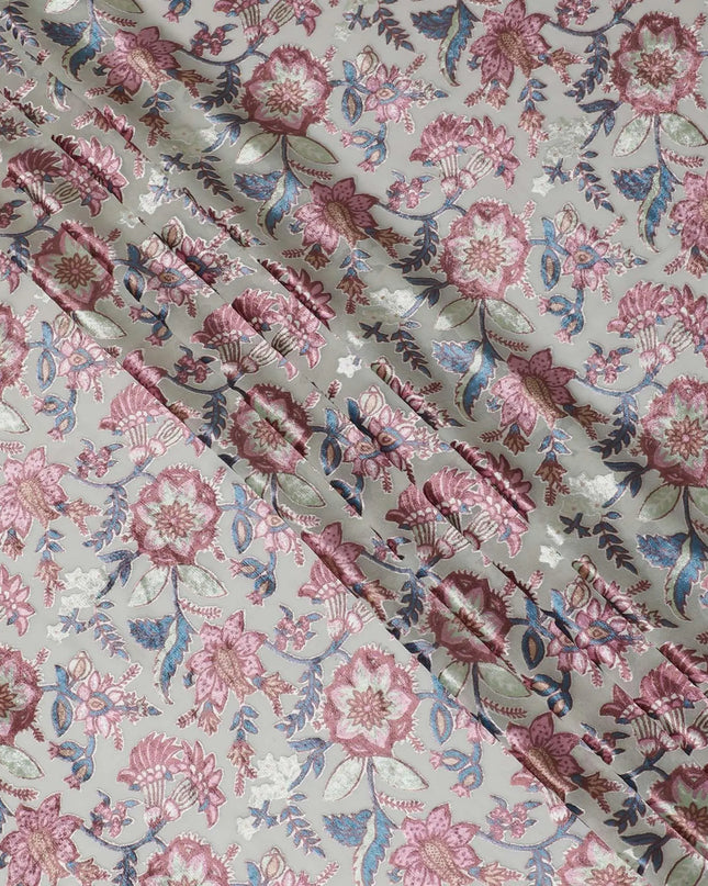 Vista green synthetic chiffon fabric with multicolor velvet burnout print in floral design-D14162 Regal Fabrics