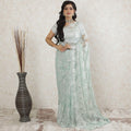 Tea green, silver Premium pure metallic French chantilly saree lace having stone work in floral design-D13508