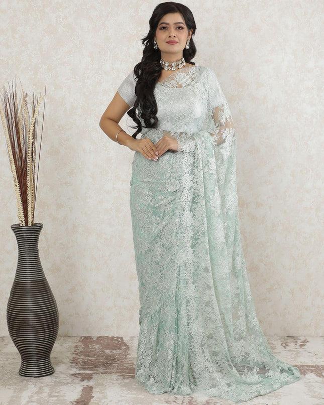 Tea green, silver Premium pure metallic French chantilly saree lace having stone work in floral design-D13508