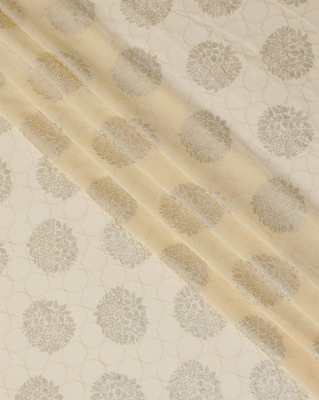 Light gold synthetic georgette fabric with same tone embroidery having gold foil printed in floral design-D12229