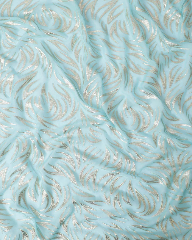 Baby blue Premium pure silk chiffon fabric with gold metallic lurex in fancy design-D13277