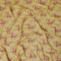 Sunflower yellow viscose fabric with hot pink, pale brown print having gold laminated stone work in floral design-D9262 Regal Fabrics